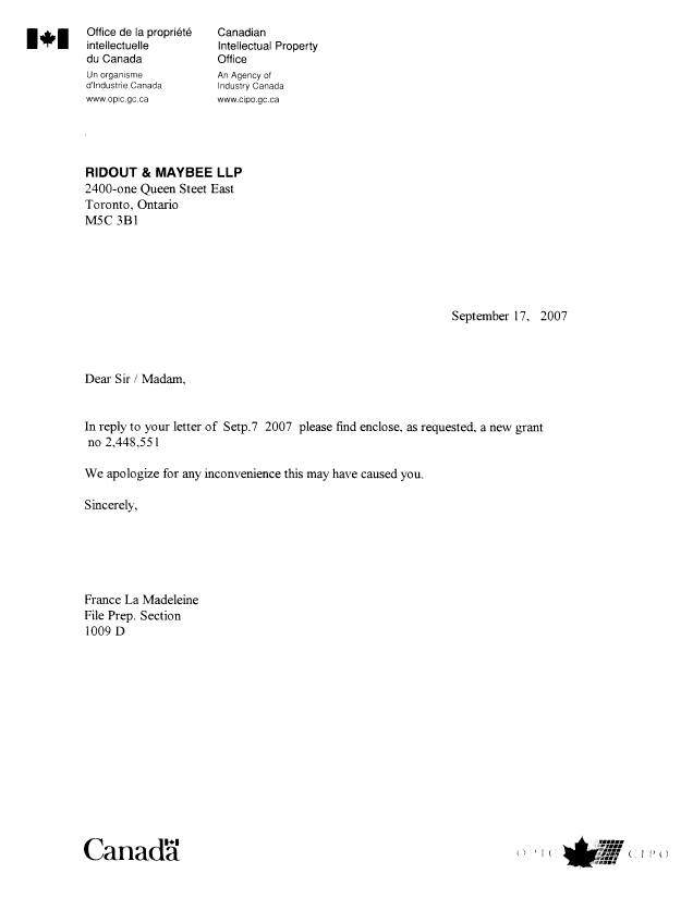 Canadian Patent Document 2448551. Correspondence 20070907. Image 2 of 2