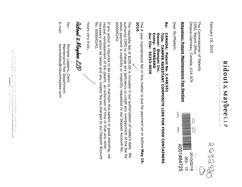 Canadian Patent Document 2448551. Fees 20100219. Image 1 of 1