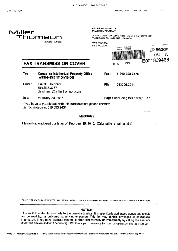 Canadian Patent Document 2448551. Assignment 20150220. Image 17 of 17