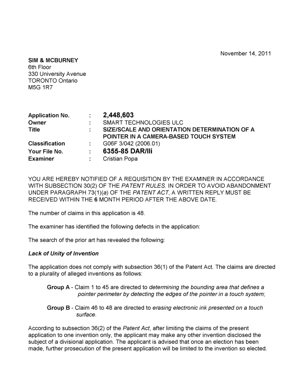 Canadian Patent Document 2448603. Prosecution-Amendment 20111114. Image 1 of 2