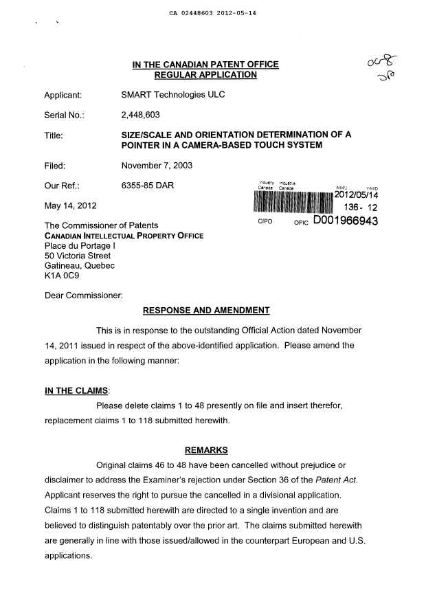 Canadian Patent Document 2448603. Prosecution-Amendment 20120514. Image 1 of 19