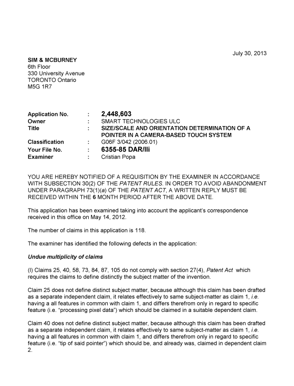 Canadian Patent Document 2448603. Prosecution-Amendment 20130730. Image 1 of 4