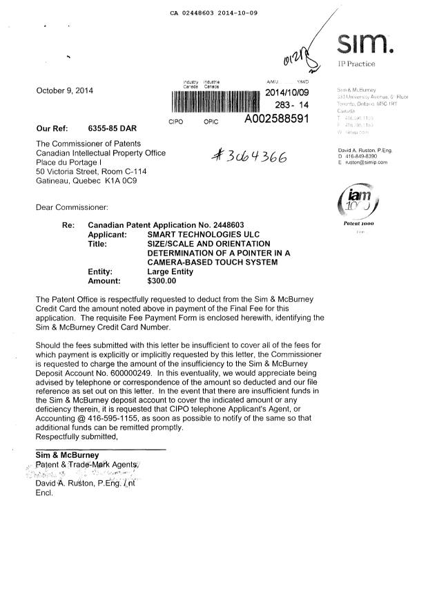 Canadian Patent Document 2448603. Correspondence 20141009. Image 1 of 1
