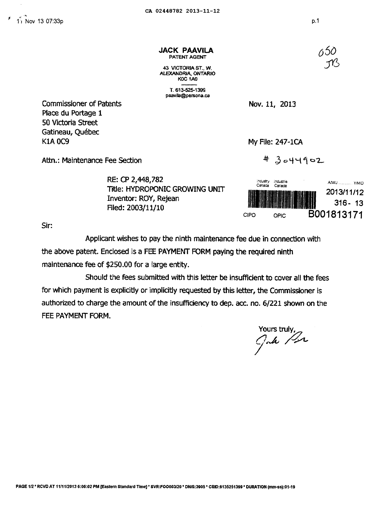 Document de brevet canadien 2448782. Taxes 20131112. Image 1 de 1