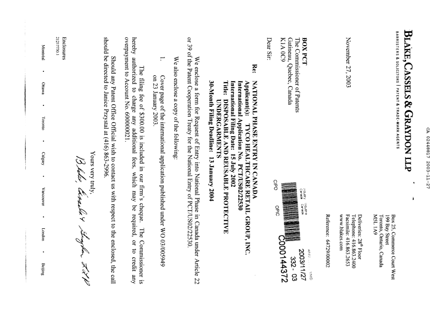 Document de brevet canadien 2448817. Cession 20031127. Image 1 de 2