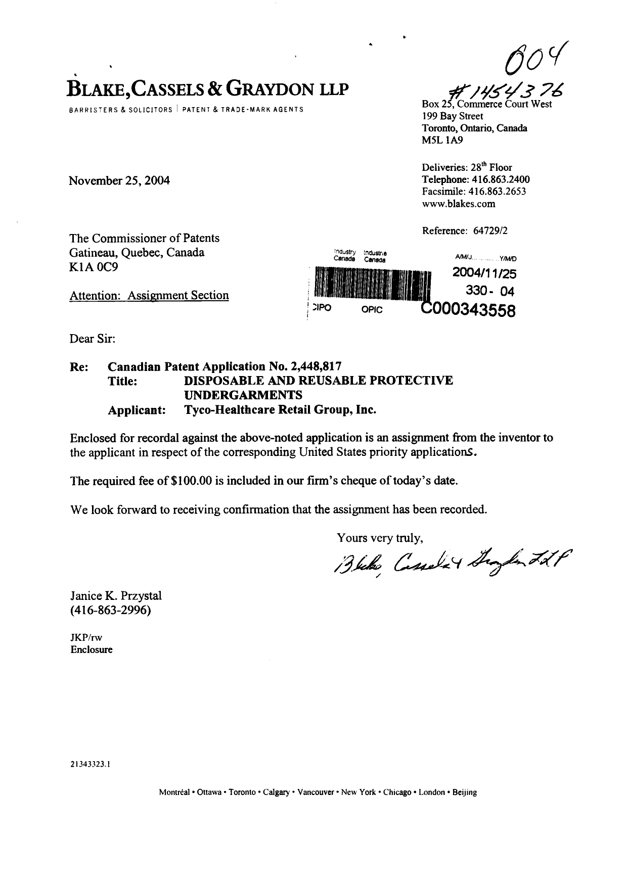 Document de brevet canadien 2448817. Cession 20041125. Image 1 de 4