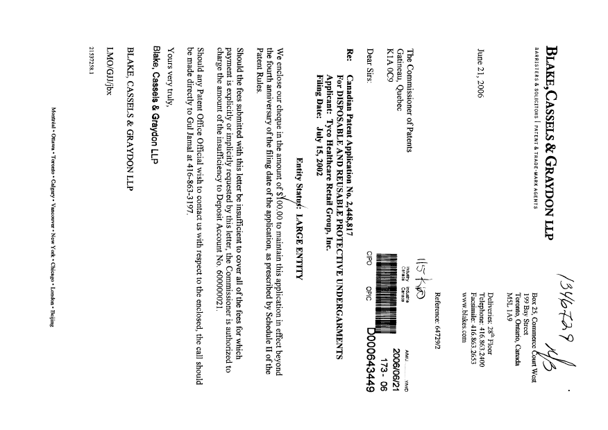 Document de brevet canadien 2448817. Taxes 20060621. Image 1 de 1