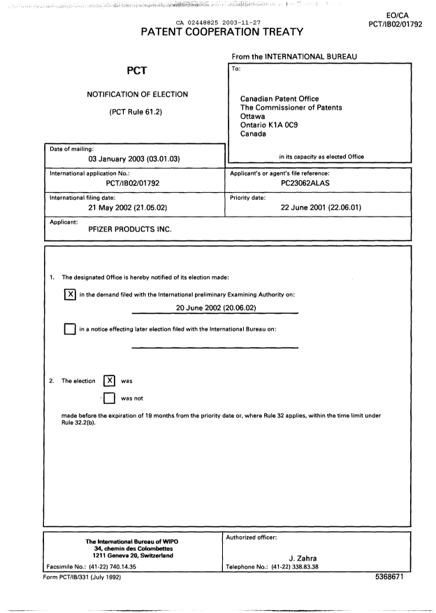 Document de brevet canadien 2448825. PCT 20031127. Image 1 de 7