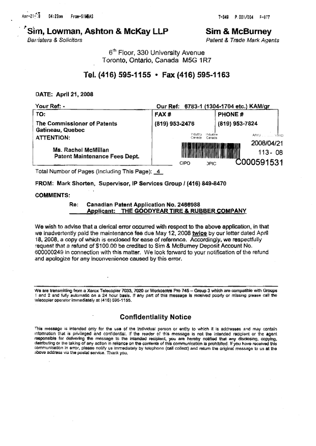 Document de brevet canadien 2448825. Correspondance 20080421. Image 1 de 4