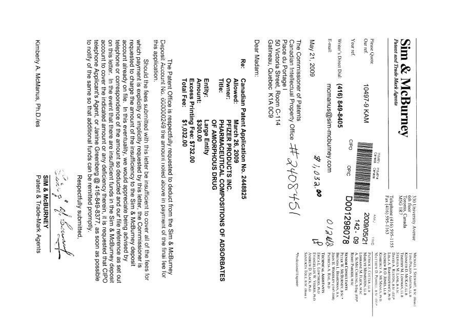 Canadian Patent Document 2448825. Correspondence 20090521. Image 1 of 1