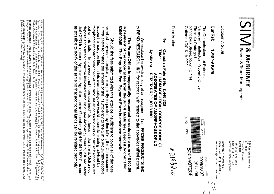 Canadian Patent Document 2448825. Assignment 20091007. Image 1 of 7