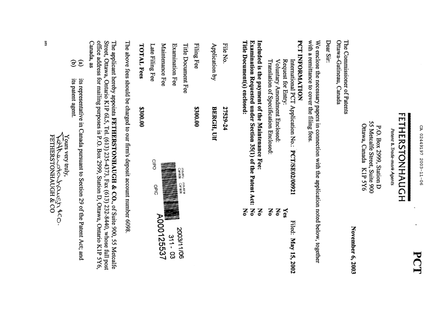 Document de brevet canadien 2449197. Cession 20031106. Image 1 de 2