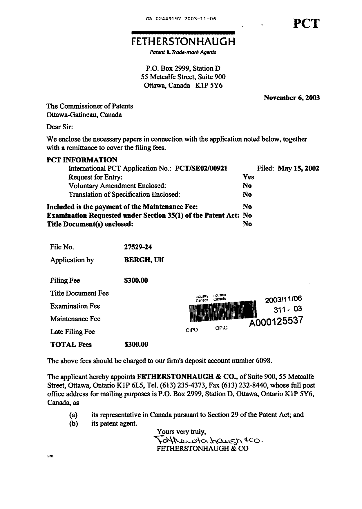 Document de brevet canadien 2449197. Cession 20031106. Image 1 de 2