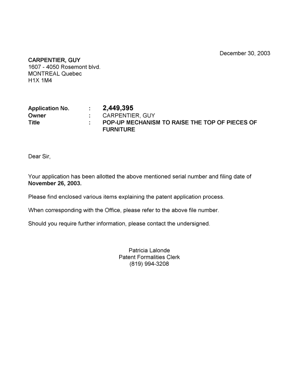 Document de brevet canadien 2449395. Correspondance 20031223. Image 1 de 1