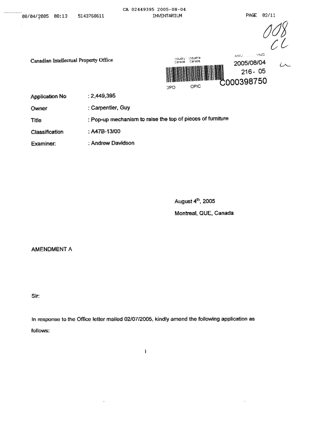 Document de brevet canadien 2449395. Poursuite-Amendment 20050804. Image 1 de 11