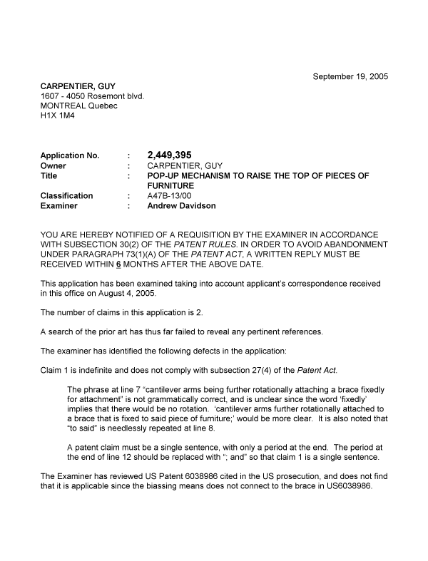 Document de brevet canadien 2449395. Poursuite-Amendment 20050919. Image 1 de 2