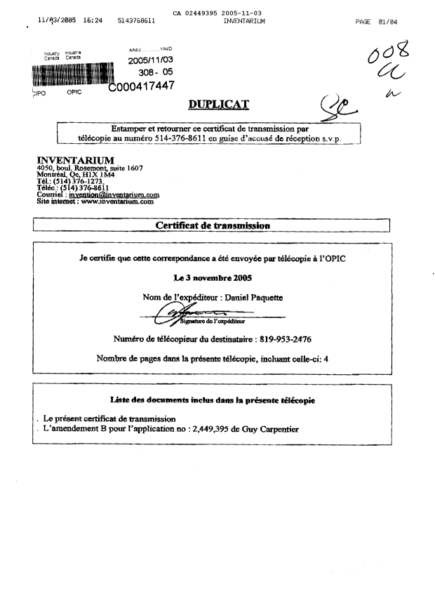 Document de brevet canadien 2449395. Poursuite-Amendment 20051103. Image 1 de 4