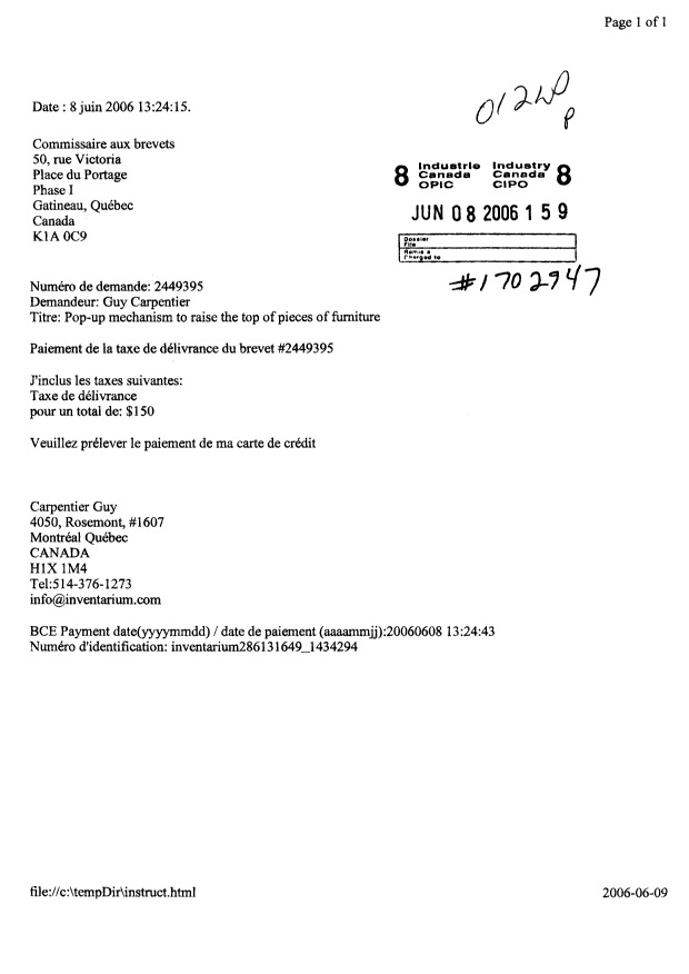 Document de brevet canadien 2449395. Correspondance 20060608. Image 1 de 1