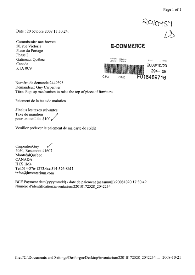Document de brevet canadien 2449395. Taxes 20081020. Image 1 de 1