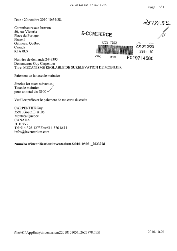 Document de brevet canadien 2449395. Taxes 20101020. Image 1 de 1