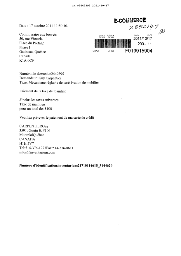 Document de brevet canadien 2449395. Taxes 20111017. Image 1 de 1
