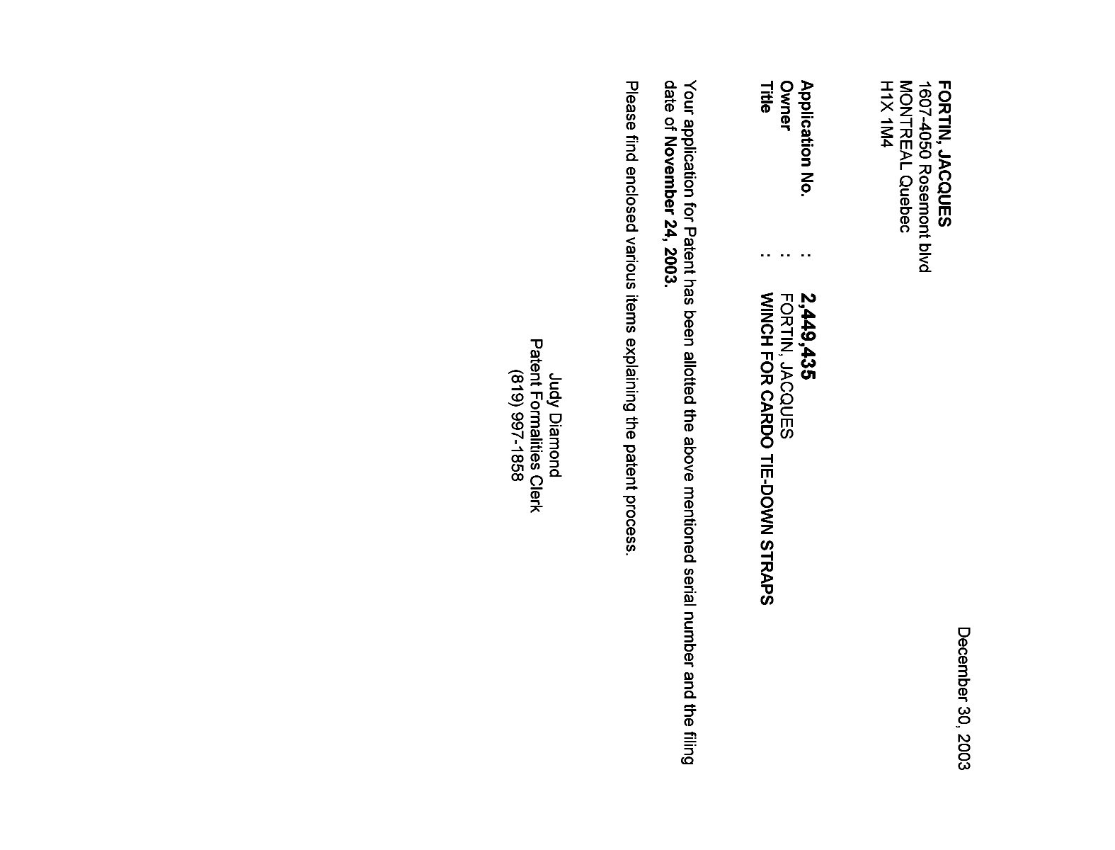 Document de brevet canadien 2449435. Correspondance 20031223. Image 1 de 1