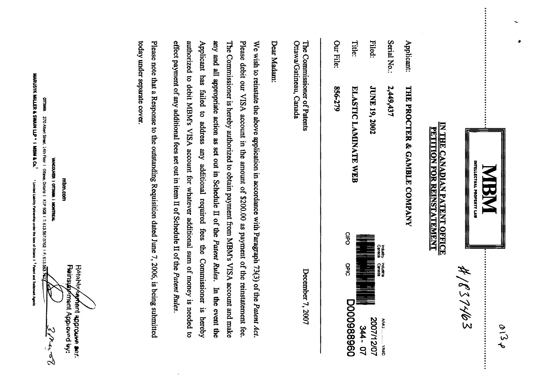 Canadian Patent Document 2449437. Prosecution-Amendment 20061207. Image 2 of 3