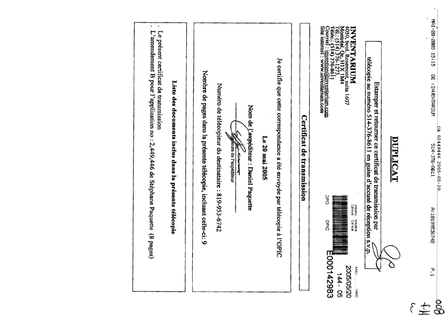 Document de brevet canadien 2449446. Poursuite-Amendment 20050520. Image 1 de 9