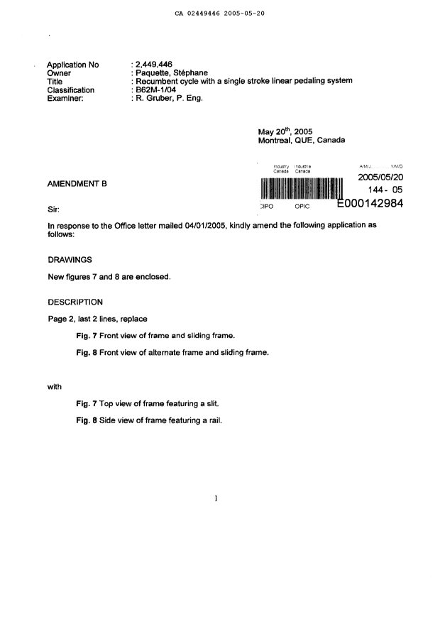 Document de brevet canadien 2449446. Poursuite-Amendment 20050520. Image 2 de 9