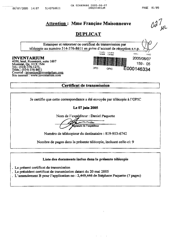 Canadian Patent Document 2449446. Prosecution-Amendment 20050607. Image 1 of 9