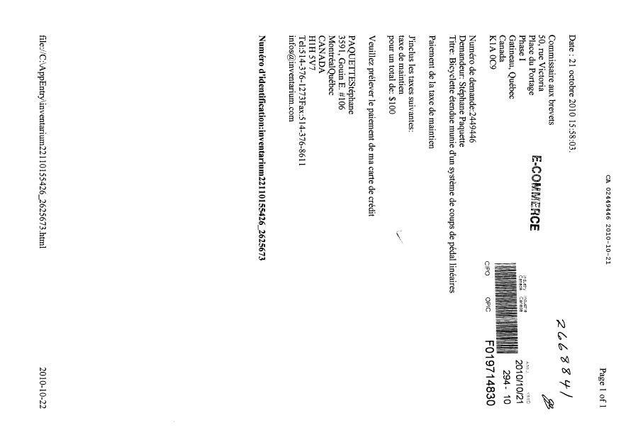 Document de brevet canadien 2449446. Taxes 20101021. Image 1 de 1