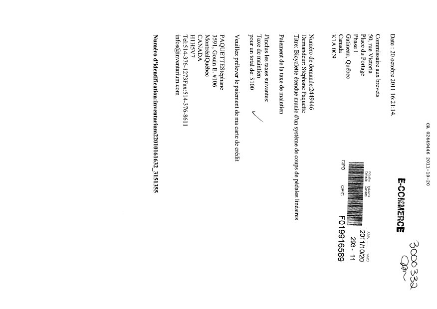 Document de brevet canadien 2449446. Taxes 20111020. Image 1 de 1