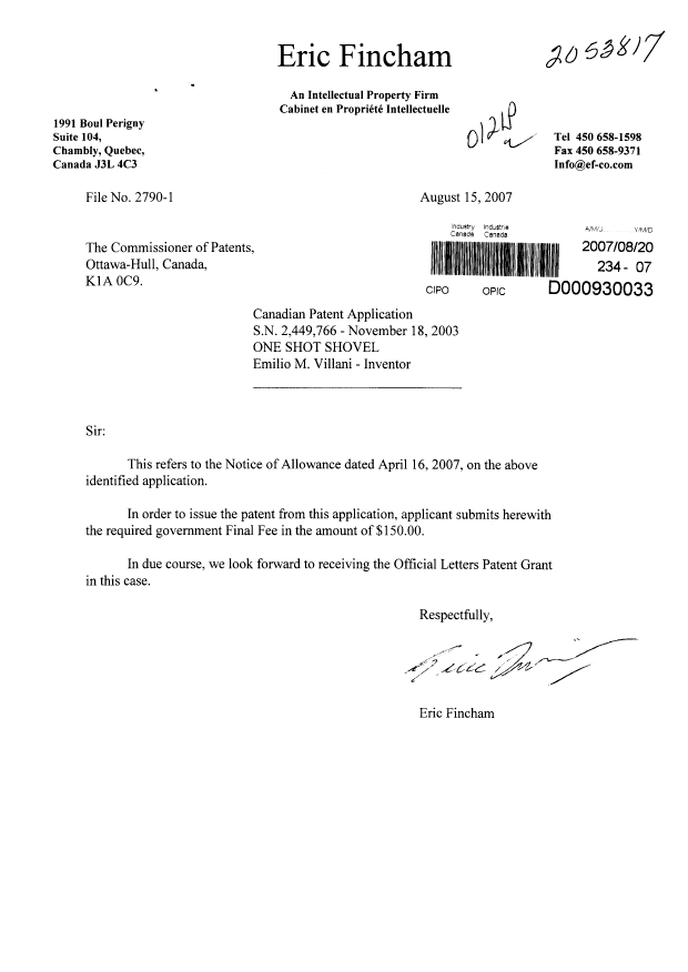 Canadian Patent Document 2449766. Correspondence 20070820. Image 1 of 1