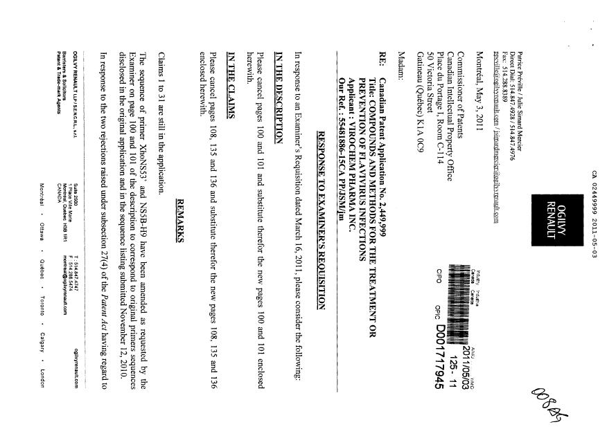 Canadian Patent Document 2449999. Prosecution-Amendment 20101203. Image 1 of 7