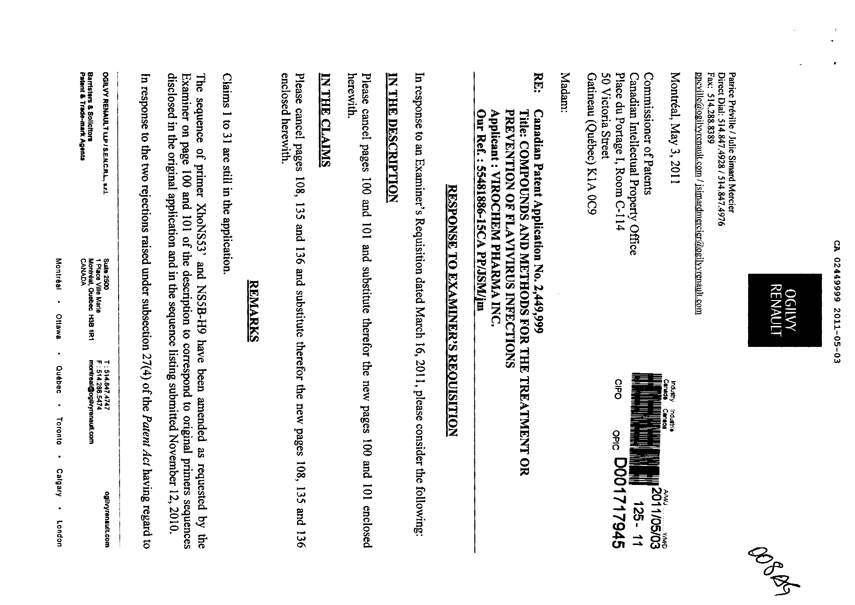 Canadian Patent Document 2449999. Prosecution-Amendment 20101203. Image 1 of 7