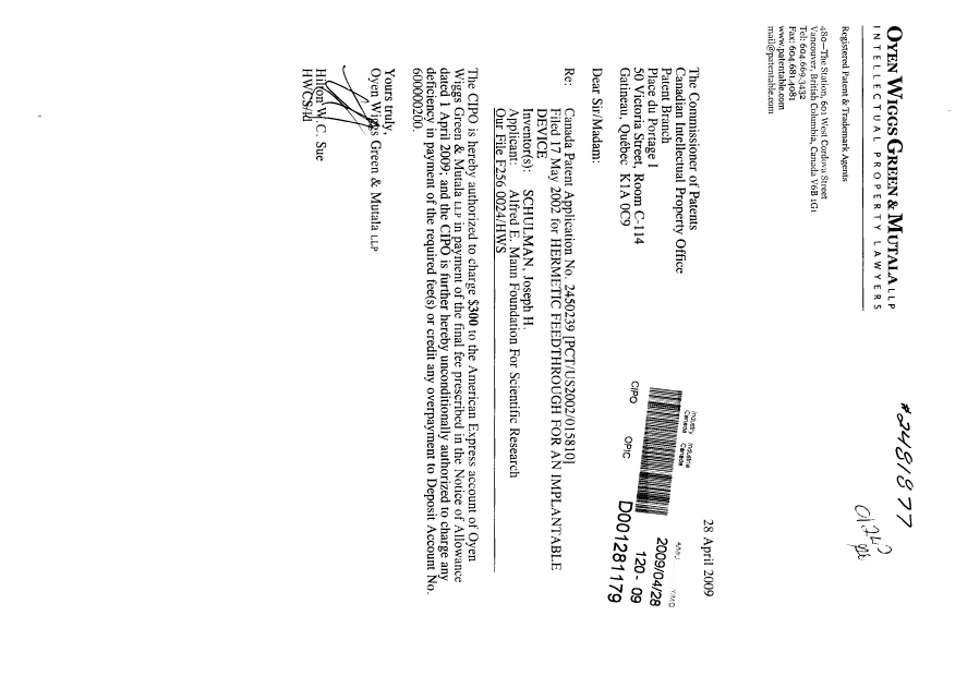 Canadian Patent Document 2450239. Correspondence 20090428. Image 1 of 1