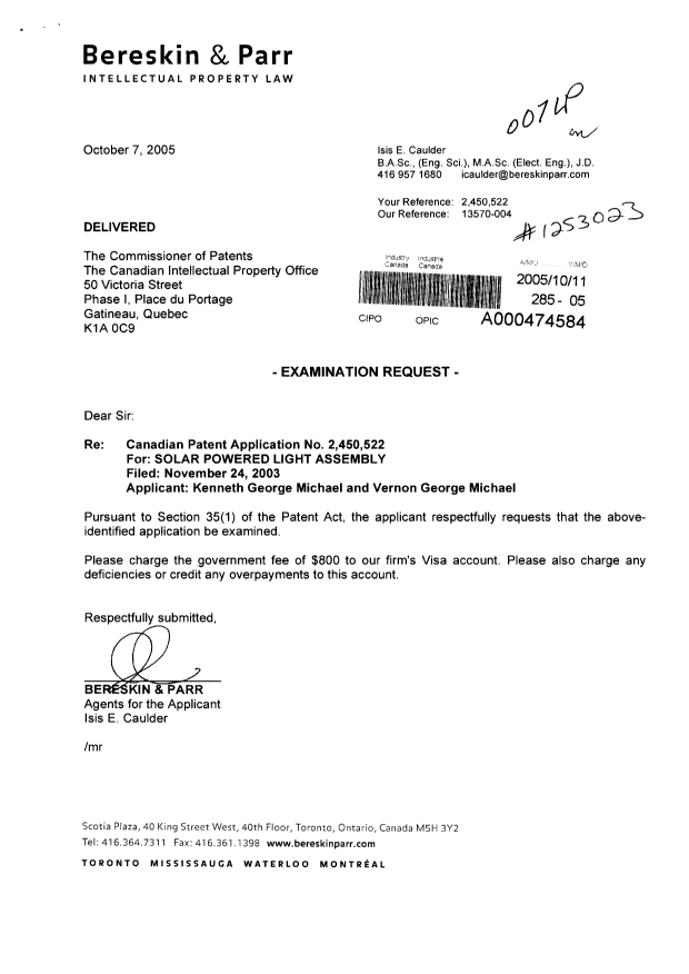 Canadian Patent Document 2450522. Prosecution-Amendment 20051011. Image 1 of 1