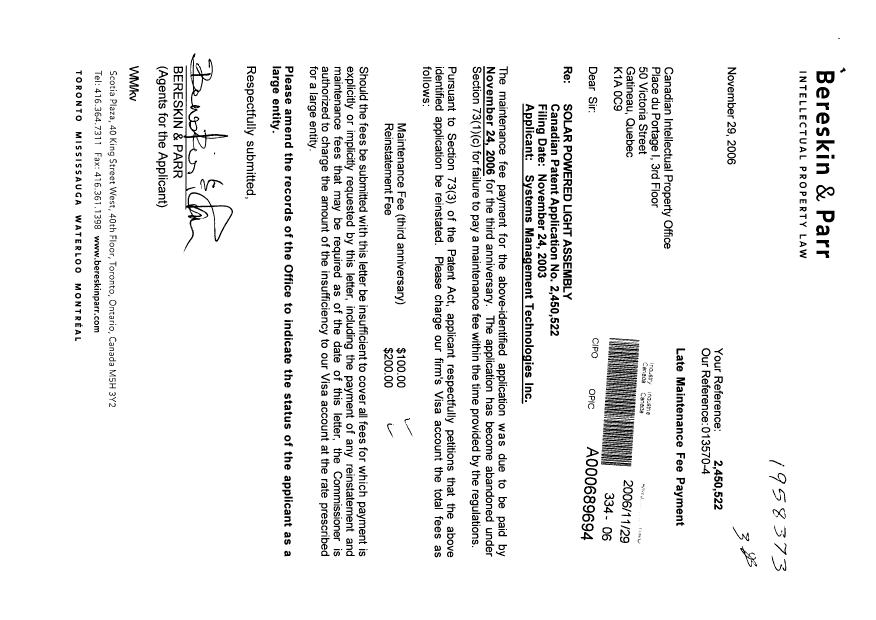 Document de brevet canadien 2450522. Taxes 20061129. Image 1 de 1