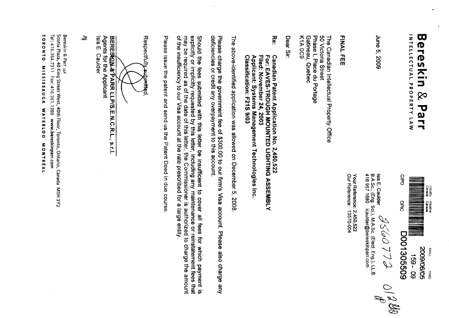 Document de brevet canadien 2450522. Correspondance 20090605. Image 1 de 1