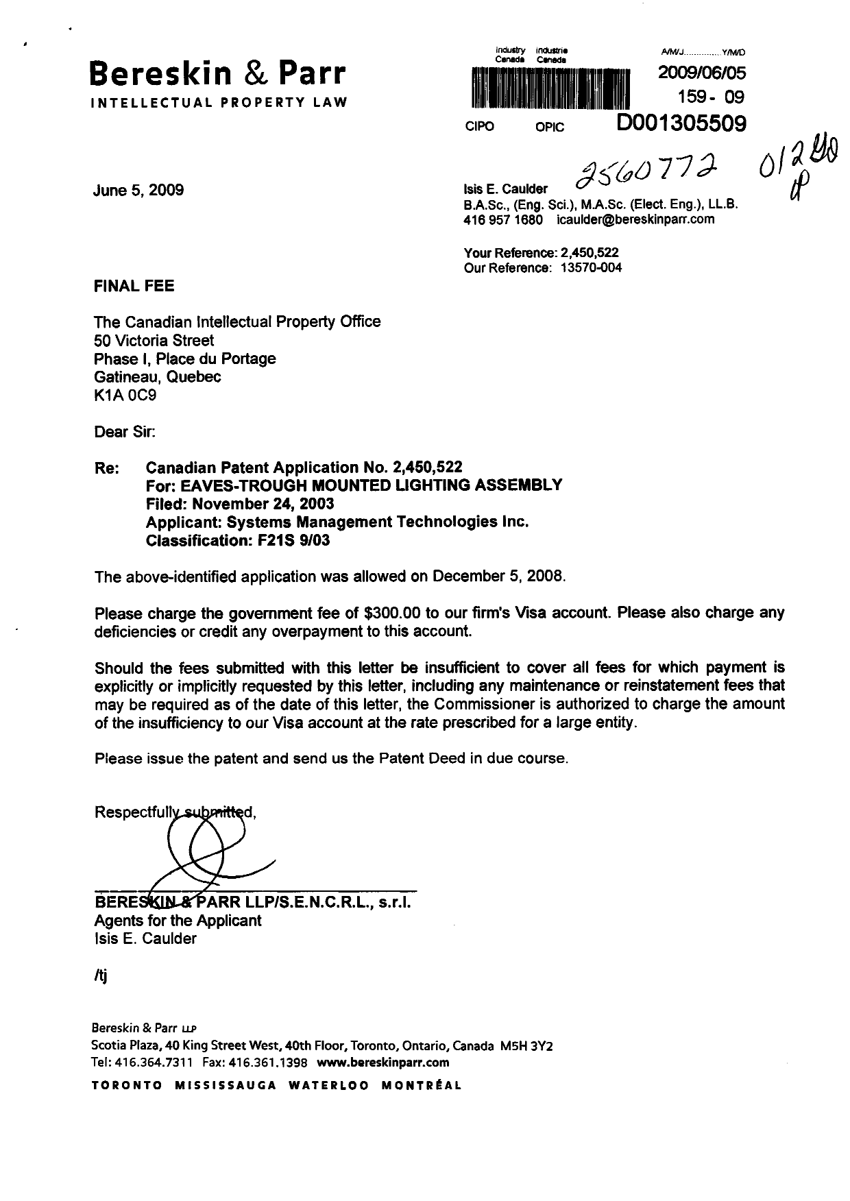 Document de brevet canadien 2450522. Correspondance 20090605. Image 1 de 1