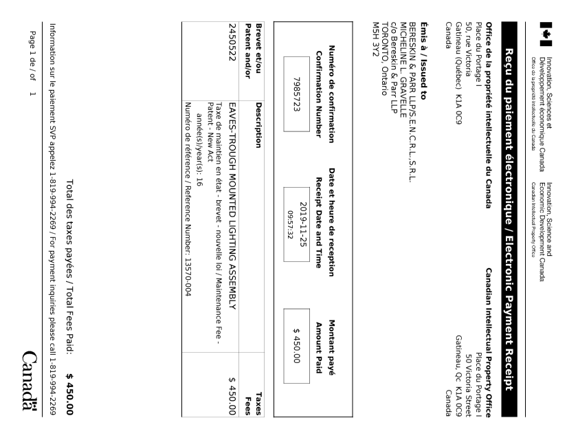 Document de brevet canadien 2450522. Paiement de taxe périodique 20191125. Image 1 de 1