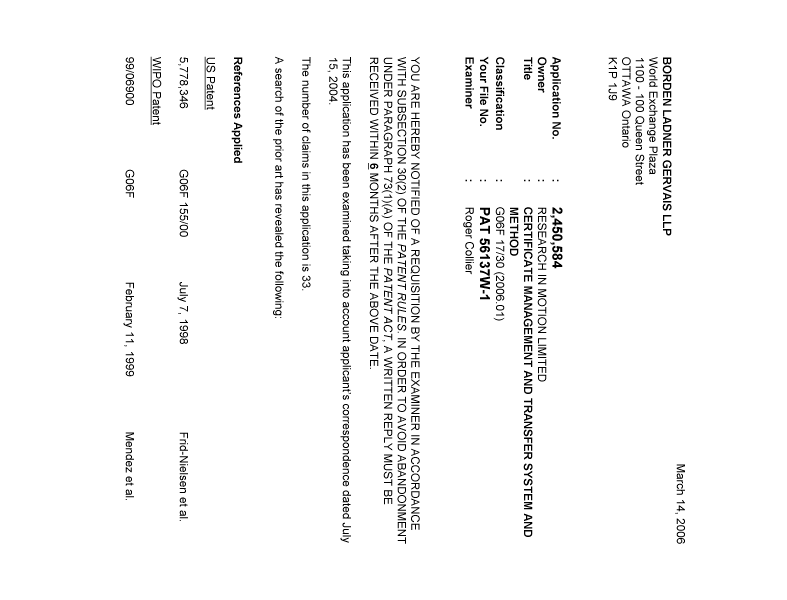 Canadian Patent Document 2450584. Prosecution-Amendment 20060314. Image 1 of 2