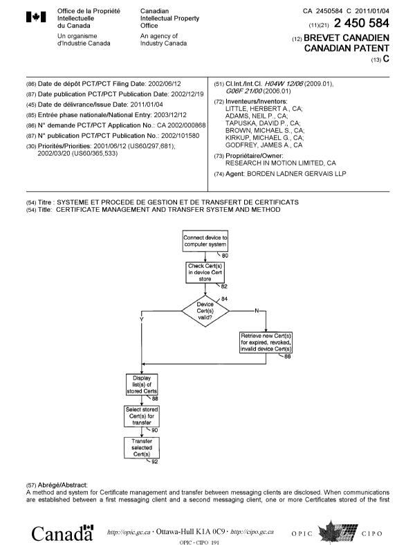 Document de brevet canadien 2450584. Page couverture 20101207. Image 1 de 2