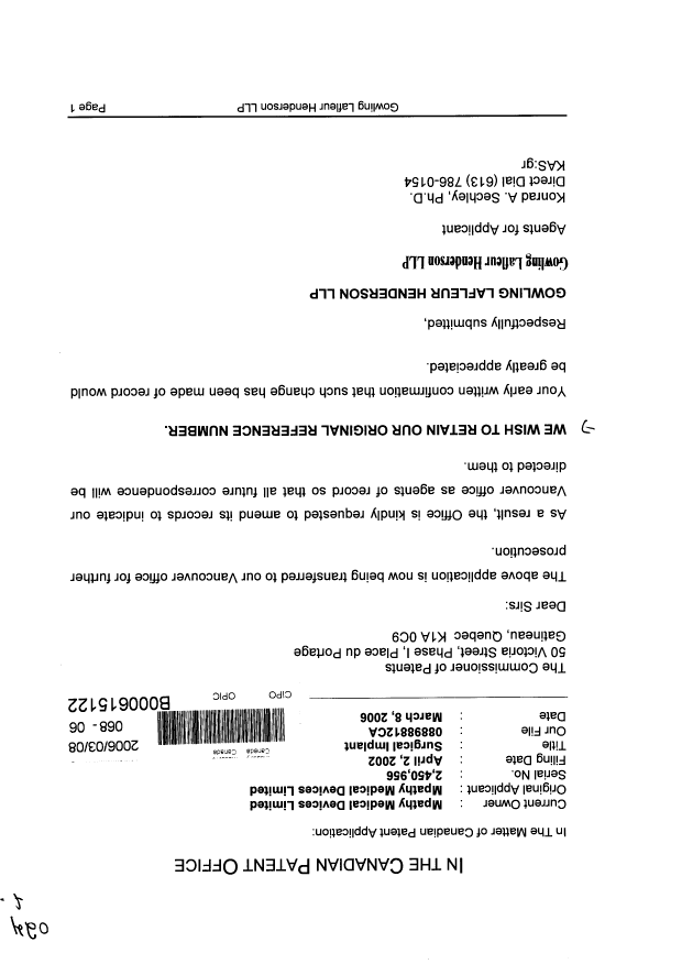 Canadian Patent Document 2450956. Correspondence 20060308. Image 1 of 1