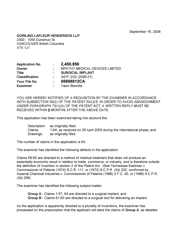 Document de brevet canadien 2450956. Poursuite-Amendment 20080916. Image 1 de 3