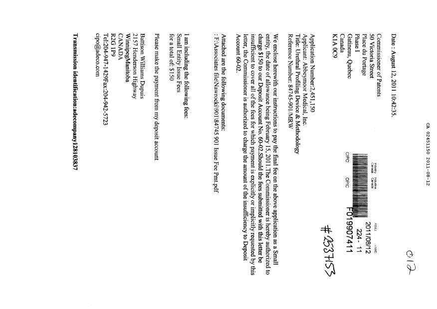 Document de brevet canadien 2451150. Correspondance 20110812. Image 1 de 2