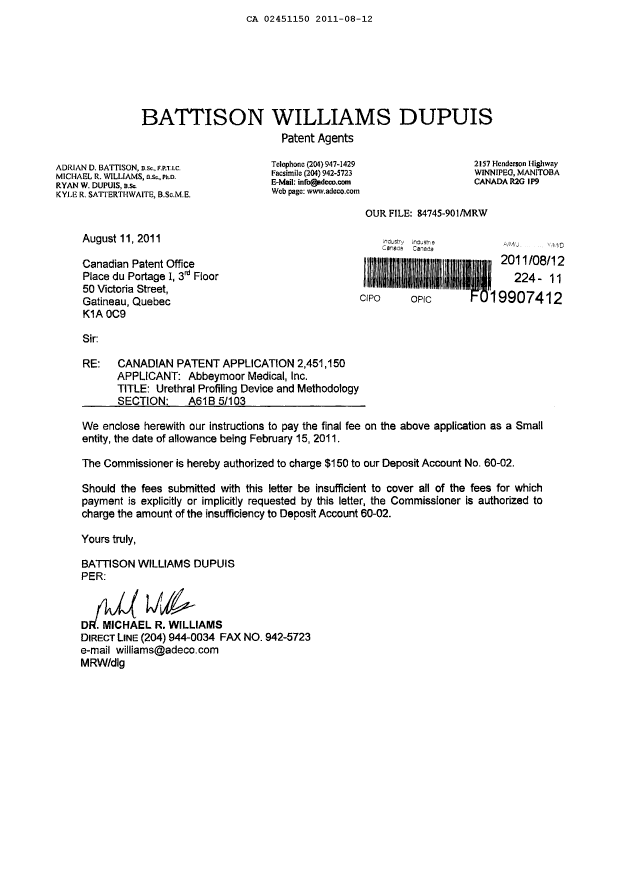 Document de brevet canadien 2451150. Correspondance 20110812. Image 2 de 2