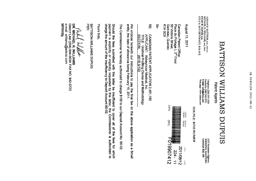 Canadian Patent Document 2451150. Correspondence 20110812. Image 2 of 2