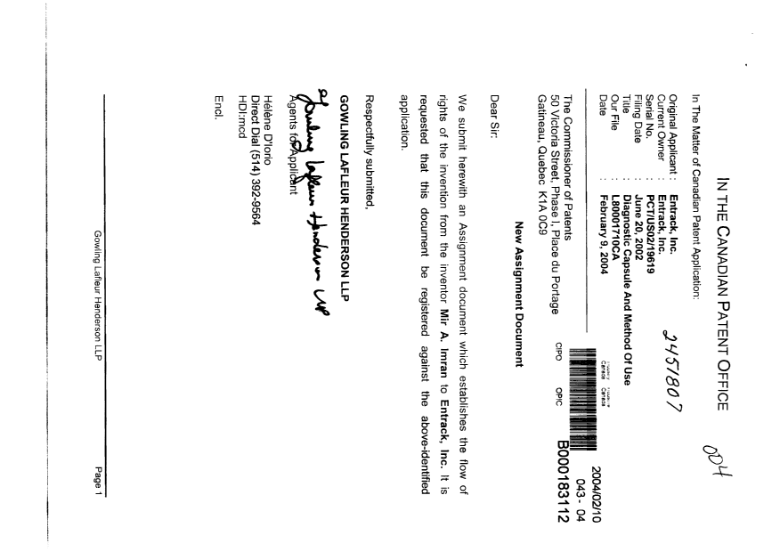 Document de brevet canadien 2451807. Cession 20040210. Image 1 de 6