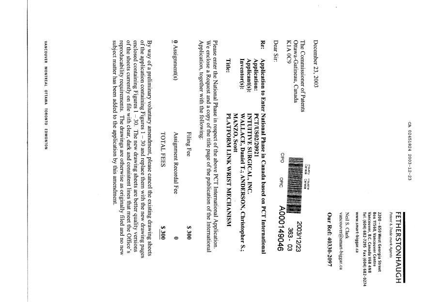 Document de brevet canadien 2451824. Cession 20031223. Image 1 de 4